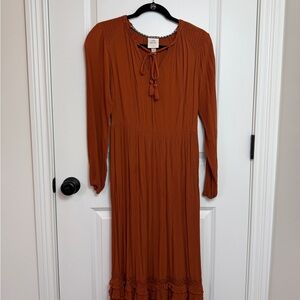 Knox Rose Rust Long-Sleeve Midi Dress with Tassel Tie